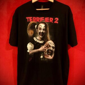 Official Little Pale Girl and Art Shirt graphic tee featuring Art the Clown and Emily Crane - Terrifier Merch