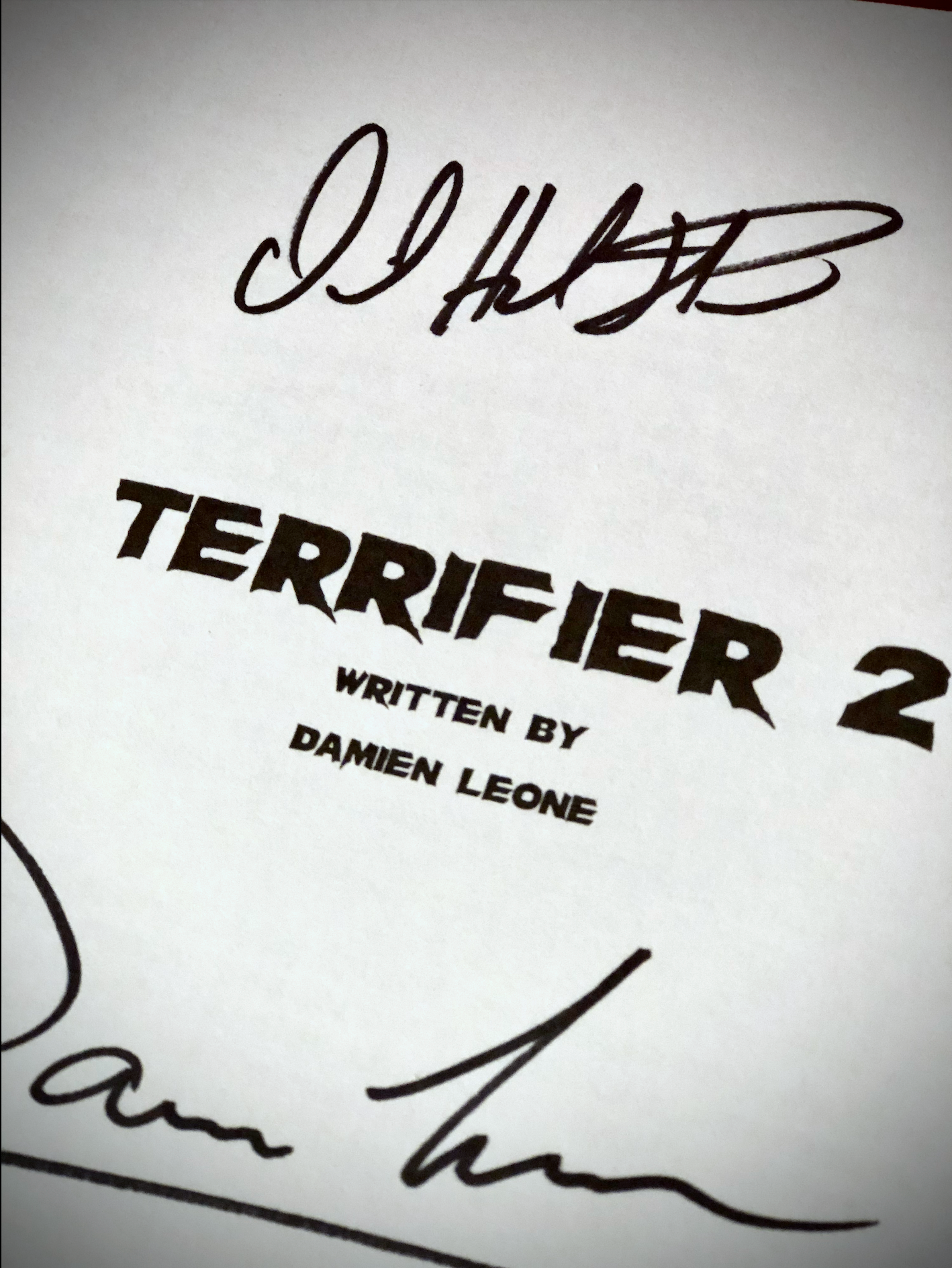 Official Signed Terrifier 2 Script - Signed by Cast, Director and Producers Very Limited Supply worn by model front streetwear fit | Terrifier Merch