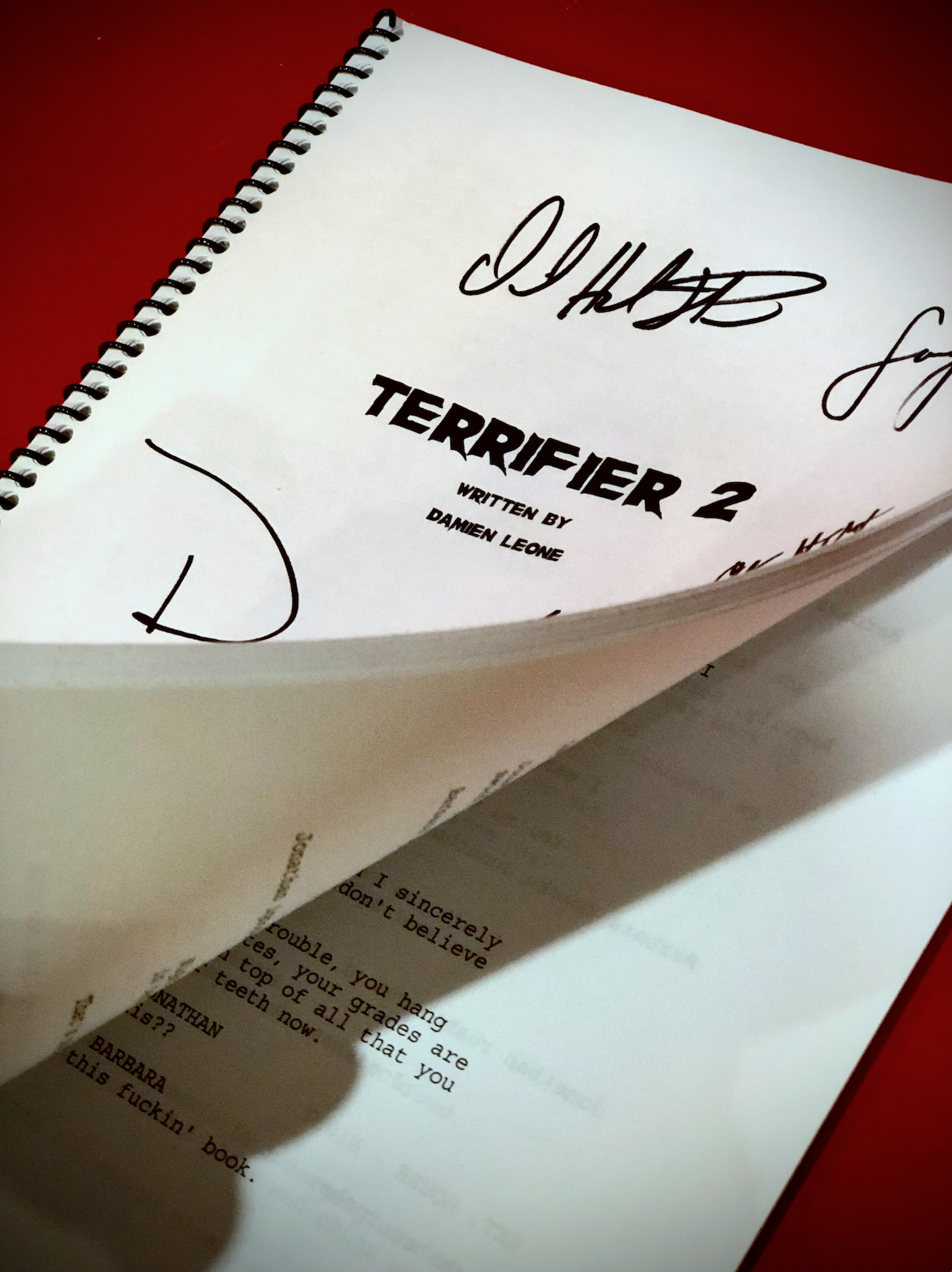 Official Signed Terrifier 2 Script - Signed by Cast, Director and Producers Very Limited Supply horror lifestyle apparel shot | Terrifier Merch