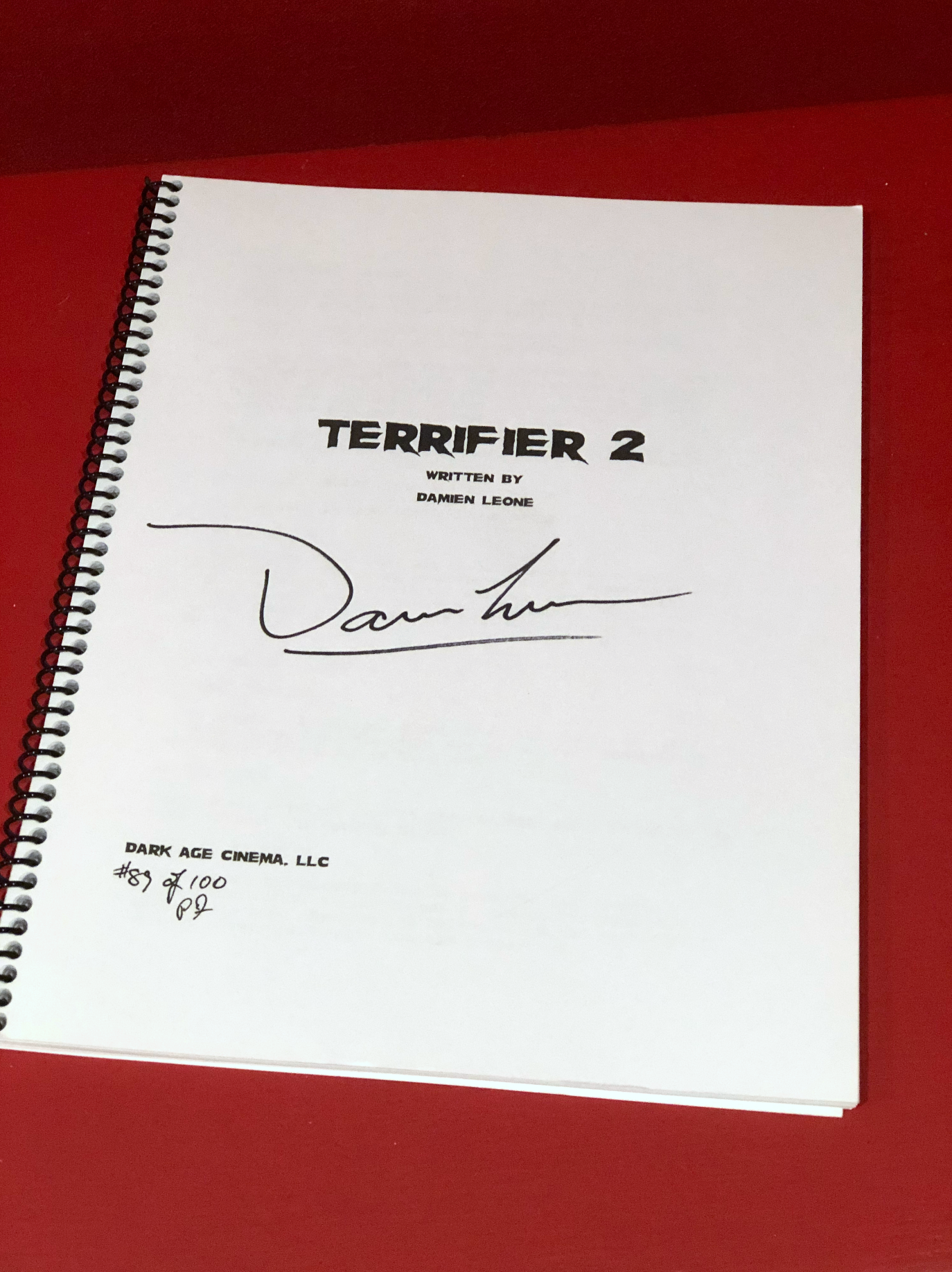 Official Signed Terrifier 2 Script cover with Damien Leone silver signature - Terrifier Merch