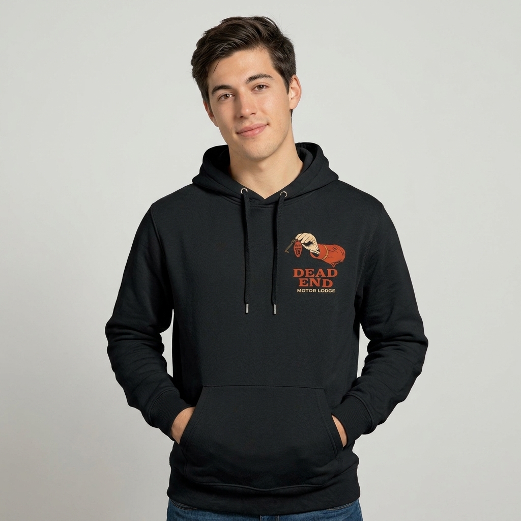 Dead End Motor Lodge Pullover Hoodie back print and graphic details | Terrifier Merch