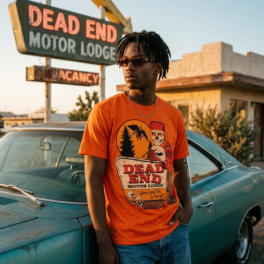 Dead End Motor Lodge T-Shirt horror lifestyle apparel shot | Terrifier Merch
