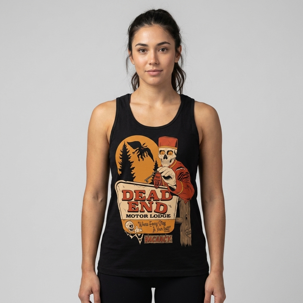 Dead End Motor Lodge Tank Top back print and graphic details | Terrifier Merch