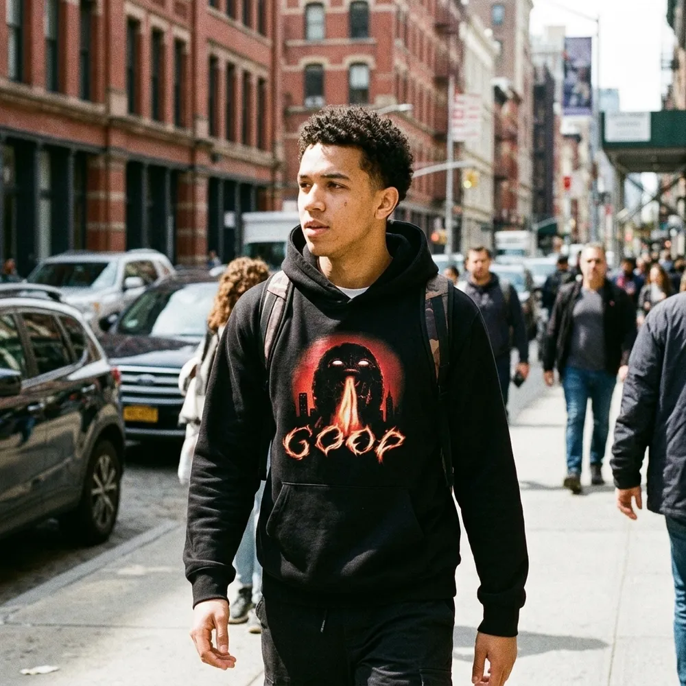 Goopzilla Hoodie - model front view lifestyle