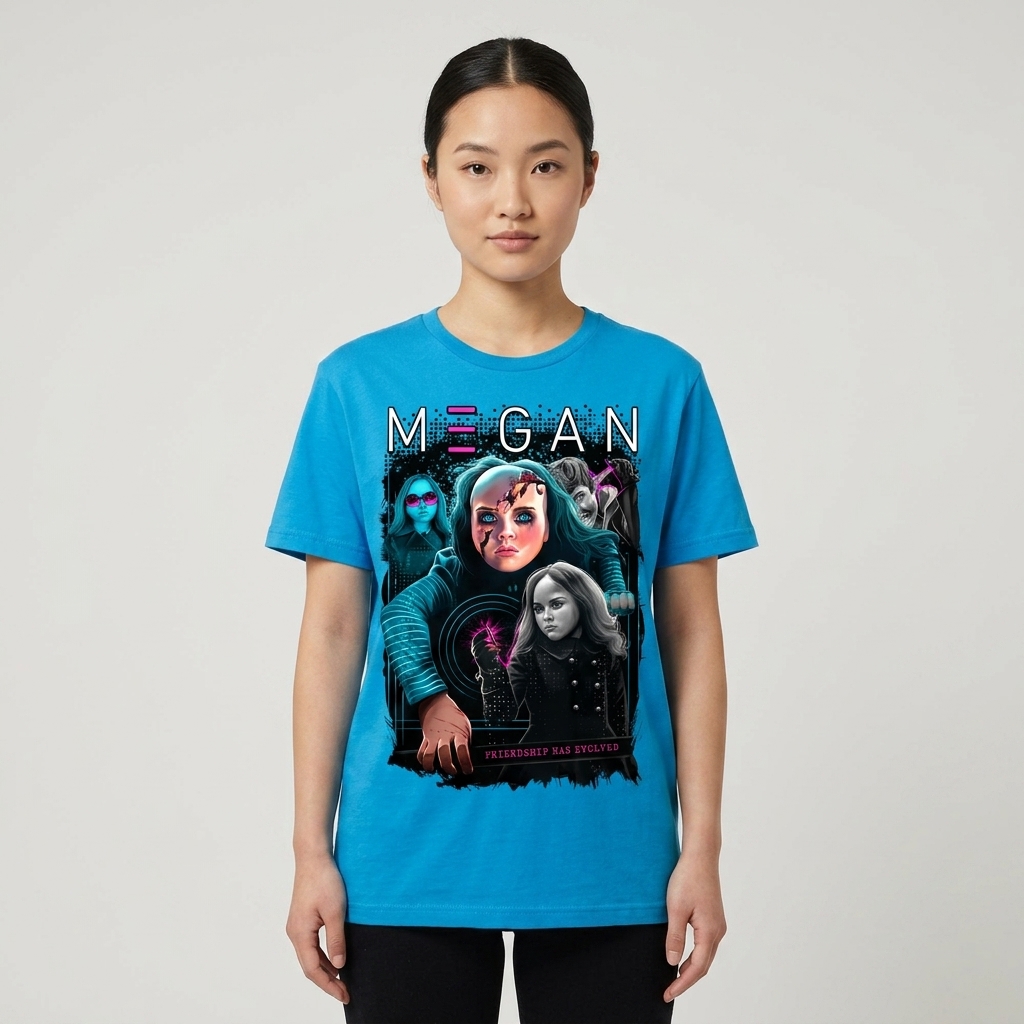 M3GAN Friendship Has Evolved T-Shirt worn by model front streetwear fit | Terrifier Merch