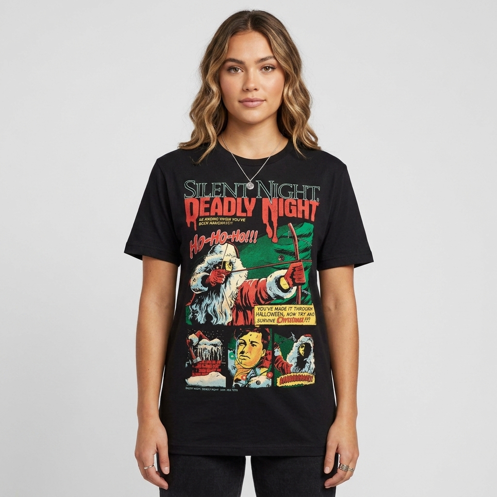 Silent Night Deadly Night Ho, Ho, Ho T-Shirt worn by model front streetwear fit | Terrifier Merch